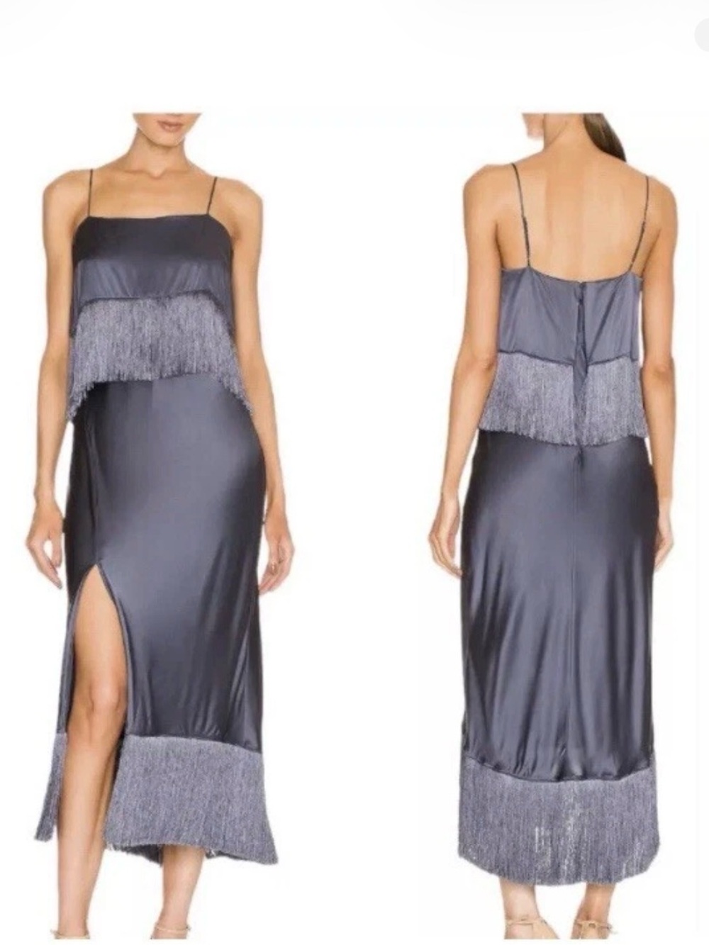 cinq a sept Charcoal Gray Satin Fringe-Trim Maxi Dress